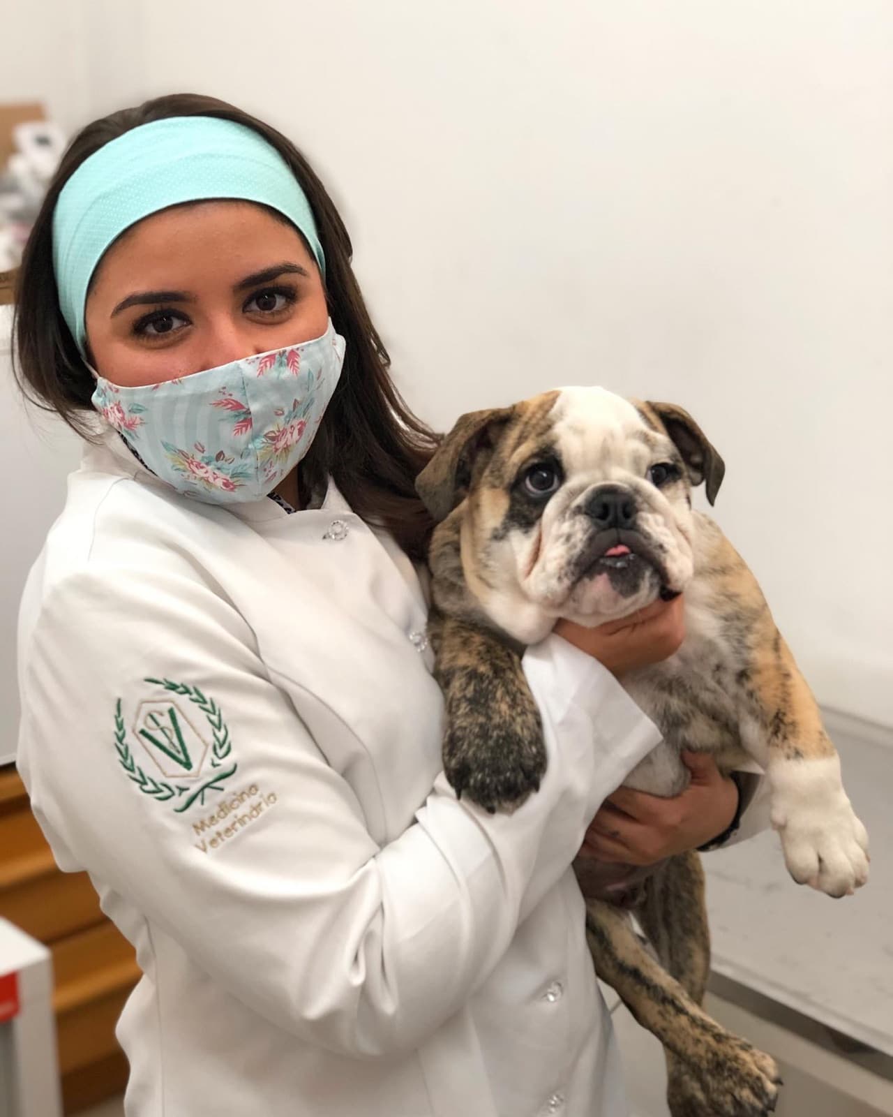 Dra. Danielle Rodrigues segurando um filhote de buldogue inglês no consultório